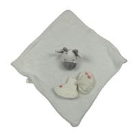 2set - Bílý chlupatý usínáček s krávou + smotanové pletené cápačky s výšivkami květů