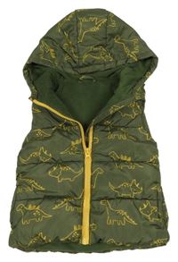 Khaki šusťáková zateplená vesta s dinosaury a kapucí