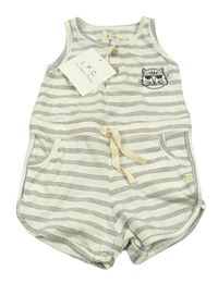 Nové - Smetanovo-tmavošedý pruhovaný bavlněný kraťasový overal s kočkou