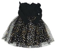 Čierne bavlněno/tylové šaty s hviezdami a volánikmi Shein