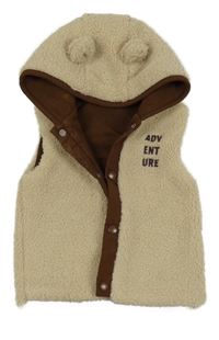 Béžová huňatá zateplená vesta s nápisom a kapucňou Nutmeg