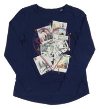 Tmavomodré tričko s dievčatkom a srdcem s kamienkami C&A