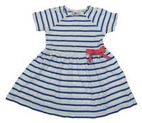 Bielo-modré pruhované bavlnené šaty s mašlou Petit Bateau