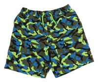 Kaki-modro-neónově zelené army plážové kraťasy Y.F.K.