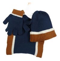 Nové - 3set - tmavomodro-hnědá pletená čepice + nákrčník + pletené prstové rukavice Primark