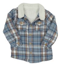 Modro-bielo-béžová kockovaná zateplená košeľová bunda Tu