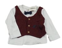 Nové - biele tričko s červeno-černou našitou vestou a motýlkom