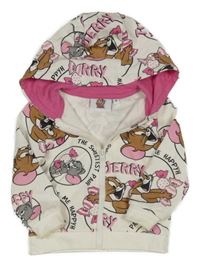 Smetanová vzorovaná propínací mikina s Tomem a Jerrym a kapucí 