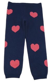 Nové - tmavomodré pletené kalhoty s růžovými srdíčky Tu