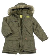 Khaki šusťáková prošívaná zateplená bunda s kapucí s kožešinou 