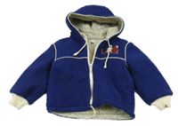 Tmavomodrá fleecová zateplená bunda s výšivkou a kapucňou