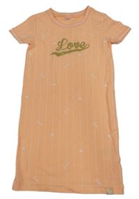 Oranžové pruhované šaty so zlatým nápisom