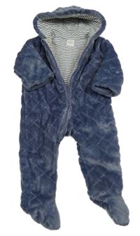 Tmavomodrá plyšová prešívaná zateplená kombinéza s kapucňou