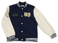 Tmavomodro-bílá flaušovo/koženková baseballová podšitá bunda s číslem H&M