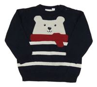 Tmavomodro-biely pruhovaný sveter s medvedíkom
