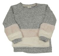 Sivo-ružovo-biely melírovaný sveter s kožešinovými prvky F&F