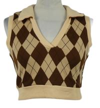 Dámská béžovo-hnědá károvaná crop vesta s límečkem Shein 