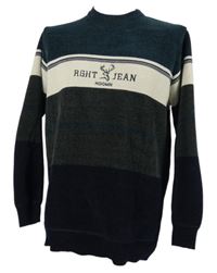 Pánský tmavomodro-petrolejovo-smetanový pruhovaný žinylkový svetr s nápisem 