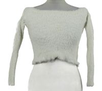 Dámský bílý chlupatý crop svetr s lodičkovým výstřihem H&M