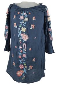 Dámksá tmavomodrá kvetovaná šatová tunika s lodičkovým výstřihem