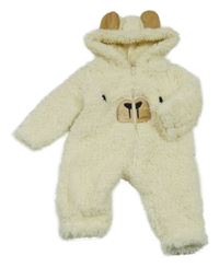 Smetanová huňatá kombinéza s medvídkem a kapucí 