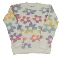 Bílo-barevný chlupatý květovaný vlněný svetr Next