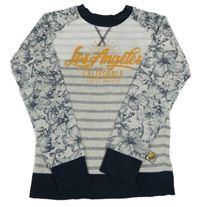 Sivo-tmavomodrá pruhovano/květovaná mikina s nápisom WE