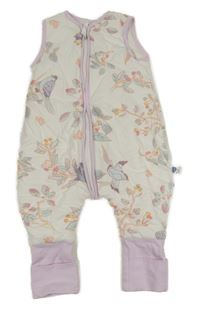 Bílý zateplený spací pytel/overal s vtáčky s lila lemy