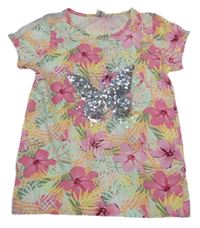 Zelenkavo-ružové tričko s listami a flitrami Dopodopo