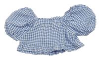 Modro-bílý kostkovaný crop top s nabíranými rukávy