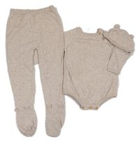3set - Béžové melírované pletené body + polodupky + čepice Tu
