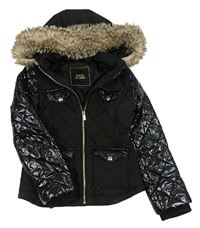 Čierna šusťákovo/koženková zimná bunda s kapucňou s kožešinou River Island