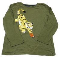 Khaki tričko s tygrem z překlápěcích flitrů Topolino