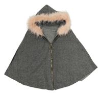 Sivé flaušové pončo s kapucňou a kožúškom