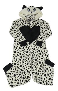 Bílo-černá vzorovaná chlupatá kombinéza s kapucí - kočka