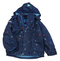 Tmavomodrá šusťáková jarní bunda s dinosaury a odepínací kapucí POCOPIANO