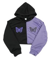 Čierno-levandulová crop mikina s motýly a kapucňou Next