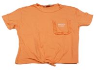 Oranžové crop tričko s uzlom a nápisom LC Waikiki