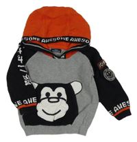 Šedo-černo-červený svetr s opičkou a kapucí Next