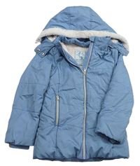 Modrošedá prešívaná šušťáková zimná bunda s nápisy a odopínacíá kapucňou s kožešinou Zebralino