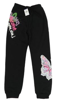 Černé tepláky s motýlkem s flitry a nápisy PRIMARK
