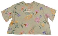 Béžové melírované crop tričko s kvietkami a nápismi H&M