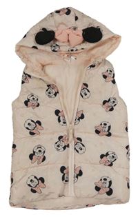 Svetloružová bodkovaná á prešívaná šušťáková zateplená vesta s Minnie a kapucňou Disney