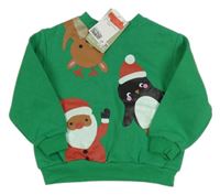 Nové - zelená vianočná mikina so Santou a sobom a tučňáčkem H&M