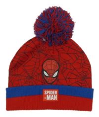 Červeno-modrá pletená čepice se Spider-manem a bambulí 