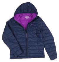 Tmavomodrá prešívaná šušťáková zateplená bunda s logom a kapucňou Vertical