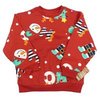 Nové - červená mikina so sněhuláčky a dinosaurami s vánočním motívom zn. PRIMARK