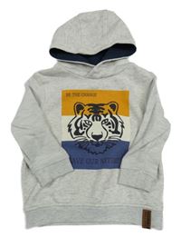 Světlešedá melírovaná mikina s tygrem a žebrovanými rukávy a kapucí Topolino