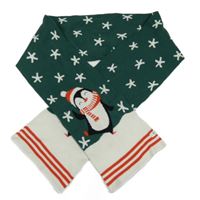 Smaragdovo-smotanová pletená šál s tučňáčky s vánočním motívom a pruhmi