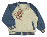 Smetanovo-modrošedý šusťákový jarní bomber s medvedíkom a pruhmi